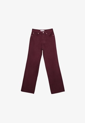 Bourgognefarvede jeans med brede ben i bomuld, der har en høj talje, fem lommer og guldfarvede metaldetaljer. Glat, tekstureret stof.