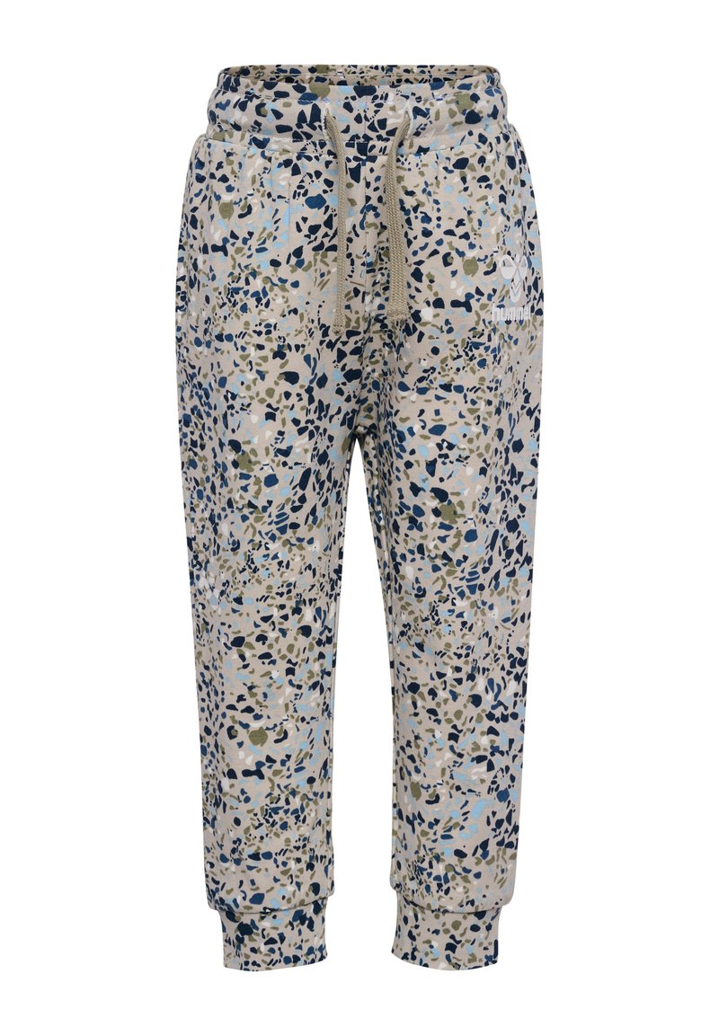 Tan joggerbyxor med ett flerfärgat sprutmönster i blått, grönt och beige. Har resårmidja med dragsko och mudd vid anklarna.