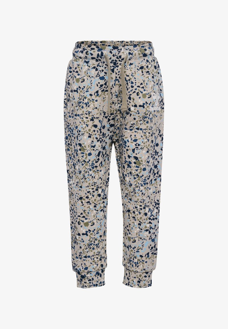 Tan joggerbyxor med ett flerfärgat sprutmönster i blått, grönt och beige. Har resårmidja med dragsko och mudd vid anklarna.