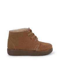Botas de tobillo de ante marrón con diseño de cordones, forro interior suave y suela de goma con textura para mayor agarre.