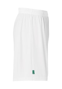Witte atletische shorts gemaakt van lichtgewicht stof. Beschikt over een elastische tailleband en een klein groen logo-label aan de zijkant. Rekbare en gladde textuur.