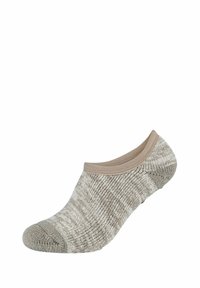 Calzino beige invisibile realizzato in materiale a maglia testurizzato. Presenta un bordo elastico liscio e una punta rinforzata. Strisce sottili chiare e scure.