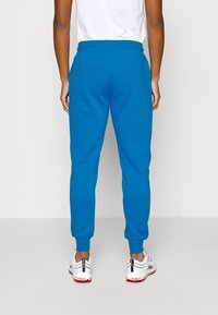 Blue sweatpants with a tapered fit, elastic waistband, and side pockets. Made from soft material with ribbed cuffs.