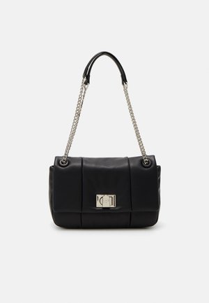 Black rectangular leather handbag with padded sections, silver turn-lock clasp, and chain strap with leather shoulder pad.