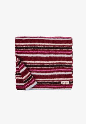 Manta a rayas en franela burdeos, rosa y blanca, con una textura suave y esponjosa. Incluye una pequeña etiqueta con "Oh April."