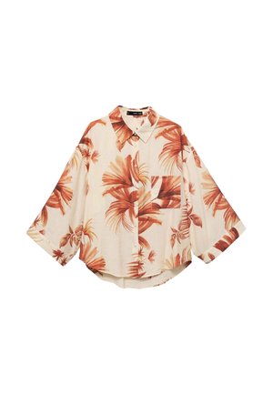 Short-sleeve button-up shirt in cream with orange floral print, featuring a front patch pocket and relaxed, oversized fit.