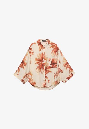 Short-sleeve button-up shirt in cream with orange floral print, featuring a front patch pocket and relaxed, oversized fit.