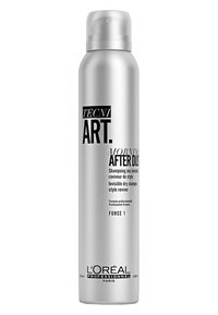 Sølv trykkspray med en hvit spraydyse, merket "TECNI ART. MORNING AFTER DUST" i svart tekst. Inneholder 250 ml usynlig tørrsjampo.