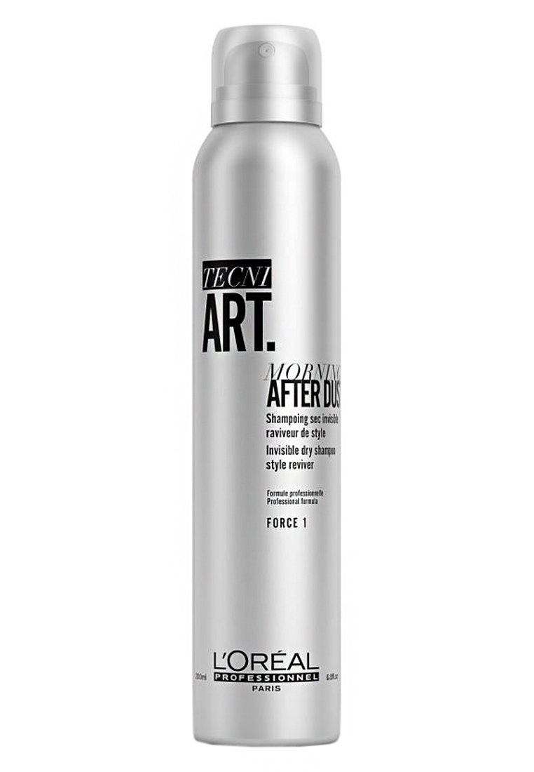 Sølv trykkspray med en hvit spraydyse, merket "TECNI ART. MORNING AFTER DUST" i svart tekst. Inneholder 250 ml usynlig tørrsjampo.