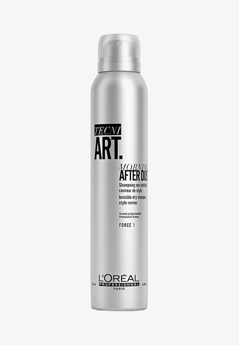 Sølv trykkspray med en hvit spraydyse, merket "TECNI ART. MORNING AFTER DUST" i svart tekst. Inneholder 250 ml usynlig tørrsjampo.