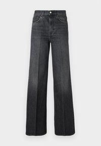 Široke jeans hlače v temno sivi denimu, z visokim pasom, zankami za pas in klasičnim pet-imernim dizajnom. Nežna izbledelost spredaj.