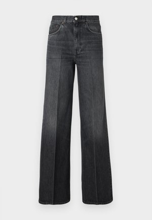 Korkeavyötäröiset, tummanharmaasta denimmateriaalista valmistetut leveälahkeiset farkut, joissa on vyölenkit ja klassinen viiden taskun muotoilu. Eteen on tehty hieno haalistuma.