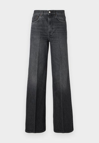 Jeans largi din denim gri închis, cu talie înaltă, bucle pentru curea și design clasic cu cinci buzunare. Ușoară decolorare în partea din față.