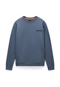 Blue sweatshirt in cotton blend. Round neckline, ribbed cuffs and hem, with a small branded logo on the chest. Smooth texture.