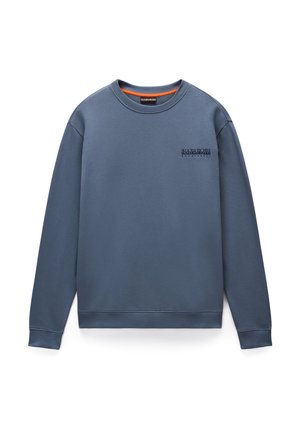 Blue sweatshirt in cotton blend. Round neckline, ribbed cuffs and hem, with a small branded logo on the chest. Smooth texture.