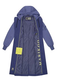 Long blue jacket with a hood, featuring yellow accents and interior lining. Includes a pocket and a care label on the inside.