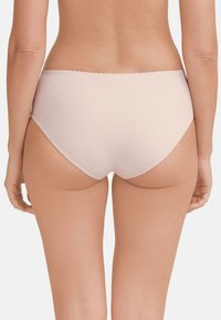 Pink cotton blend high-waisted panties with a smooth texture, featuring a scalloped trim along the waistband and leg openings.