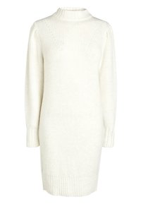 Robe-pull blanche en tricot à manches longues avec col montant côtelé, poignets et ourlet, présentant des motifs texturés subtils sur les épaules et les manches.