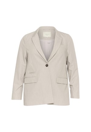 Light gray blazer with a single button closure, notched lapels, two front pockets, and subtle vertical stripes. Standard fit, long sleeves.