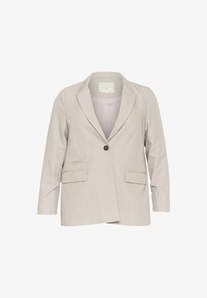 Light gray blazer with a single button closure, notched lapels, two front pockets, and subtle vertical stripes. Standard fit, long sleeves.