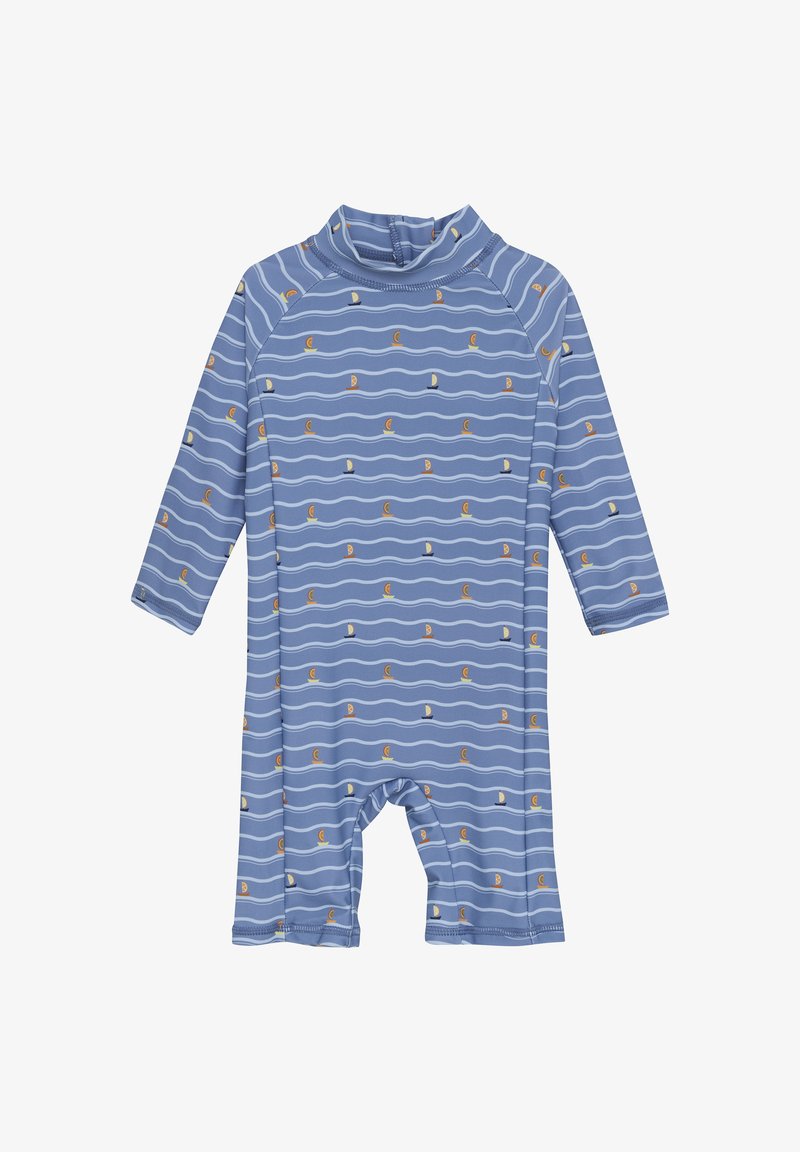 Blå långärmad rash guard med hög krage, med en vågig vit mönster och små segelbåtsillustrationer i orange och gult.