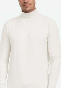 Pull en col roulé crème en tissu texturé doux, avec des manches longues et une coupe ajustée. Polyvalent pour superposer ou porter seul.