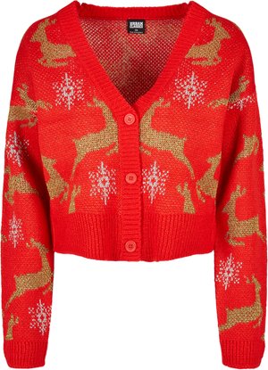 Red knitted cardigan with a deep V-neck, featuring a gold reindeer and white snowflake pattern, and four red buttons down the front.