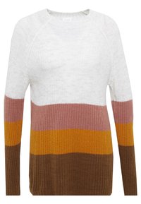 Strickpullover mit Rundhalsausschnitt und langen Ärmeln, ausgestattet mit horizontalen Streifen in Weiß, Pink, Gelb, Orange und Braun. Strukturierter Rippenstoff.