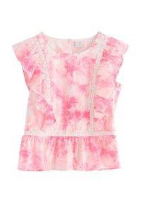 Różowa bawełniana bluzka z wzorem tie-dye, z krótkimi falbaniastymi rękawami, koronkowymi akcentami i falbanym dołem. Zapinana z tyłu na zamek.