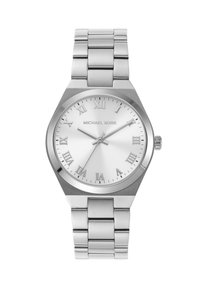 Orologio in acciaio inossidabile argentato con quadrante rotondo lucido, fondo bianco, numeri romani e bracciale a maglie. Nome del marchio: Michael Kors.