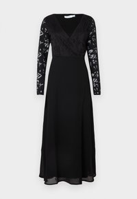 Svart langermet midikjole med V-hals, tettsittende blondekropp og semitransparente blomstermønstrede blondermerker.