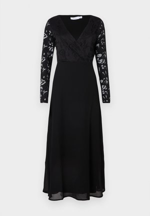 Robe midi noire à manches longues avec décolleté en V, corsage en dentelle ajusté et manches en dentelle florale semi-transparente.