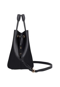 Black leather bucket bag with a structured shape, dual handles, adjustable strap, and gold hardware accents. Smooth texture, minimal design.