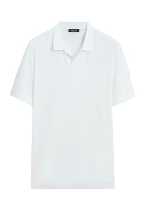 Polo bianca a maniche corte con colletto e scollo a V, mostrata distesa su uno sfondo bianco.