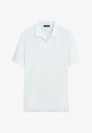 Polo bianca a maniche corte con colletto e scollo a V, mostrata distesa su uno sfondo bianco.