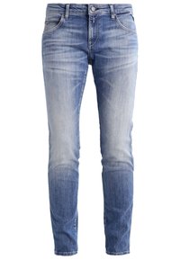 Ljusblå denimjeans med slim fit, blekt utförande, standard fem-fickorsdesign och metallknappstängning i midjan.