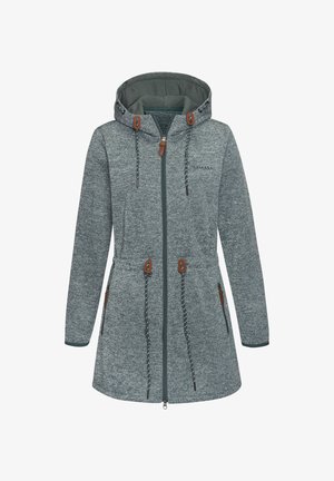 Damen Kapuzenjacke aus dunkelgrauem Strickstoff. Verfügt über einen Reißverschluss vorne, einen verstellbaren Taillenzug und Kontrastakzente. Zwei seitliche Taschen.