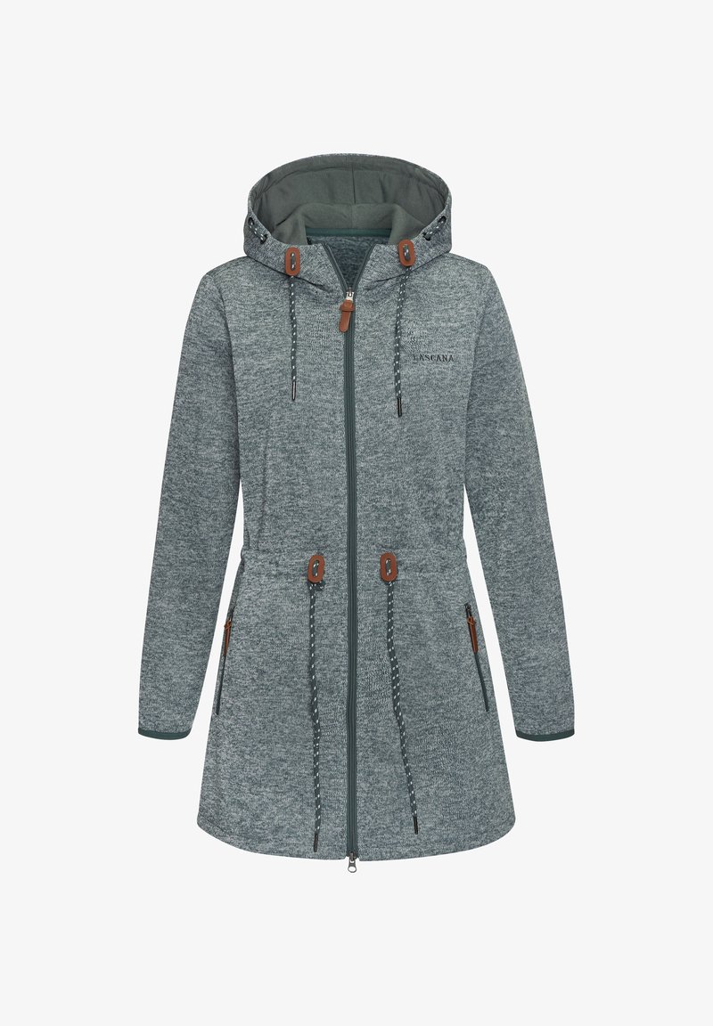 Women's hooded jacket in dark gray knit fabric. Features a zip front, adjustable waist drawstring, and contrast accents. Two side pockets.