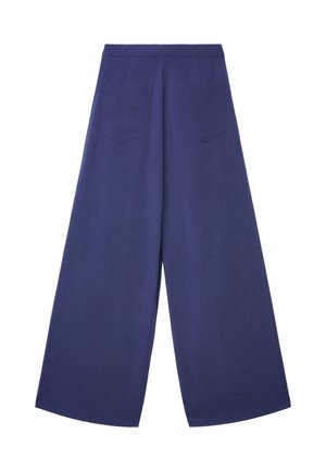 Pantaloni a gamba larga in tessuto blu scuro, caratterizzati da una texture liscia, vita alta e due tasche posteriori con pattine a forma di diamante.