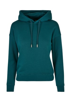 Teal huvtröja gjord av mjuk bomullsblandning, med dragsko i huvan, ribbade mudd och nederkant, samt en avslappnad passform. Slät textur och minimalistisk design.