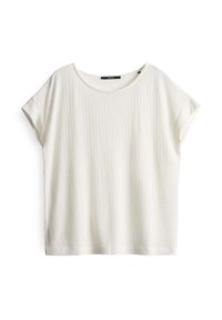 Weißes Kurzarm-T-Shirt mit rundem Halsausschnitt, gerippter Textur und lockerer Passform. Seitennähtags sichtbar in der Nähe des Halsausschnitts.