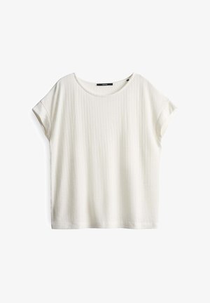 Witte T-shirt met korte mouwen en een ronde halslijn, met een geribbelde textuur en een losse pasvorm. Zijkant label zichtbaar nabij de halslijn.