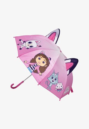 Ombrello rosa con personaggi dei cartoni animati: una ragazza con capelli ricci, un gatto bianco, un gatto blu e un cupcake. Comprende orecchie di gatto sulla copertura.