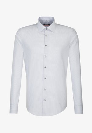 Lichtblauw gestreept overhemd met lange mouwen, een button-down kraag, zilveren knopen en een getailleerde pasvorm. De stof lijkt glad en licht van gewicht.