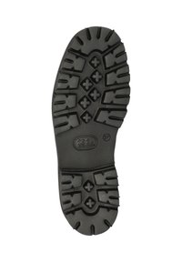 Semelle en caoutchouc noir avec des rainures profondes et une surface texturée, présentant un motif géométrique et un talon arrondi pour une adhérence et une traction optimales.
