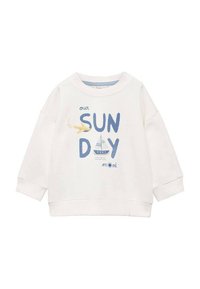 Witte sweatshirt met een ontspannen pasvorm, ronde halslijn en grafische print met blauwe tekst "onze ZONDAG", een boot en een visillustratie.