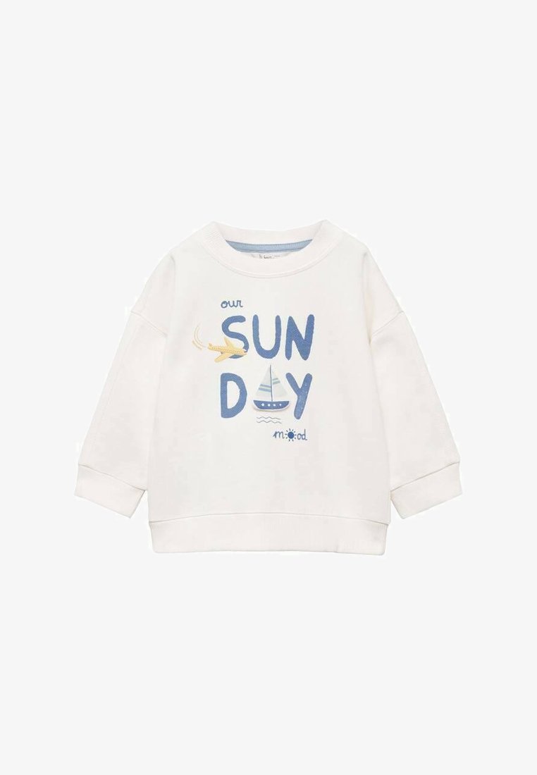 Felpa bianca con vestibilità rilassata, scollo rotondo e stampa grafica con testo blu "il NOSTRO GIORNO DEL SOLE", un'illustrazione di una barca e di un pesce.