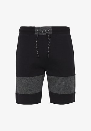 Čierne športové šortky s šedými akcentmi, s opaskom na stiahnutie a hladkou textúrou. Obsahujú kontrastné tmavé a melírované šedé sekcie.