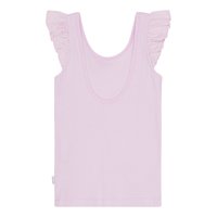 Lys rosa tanktop med volanger ved skuldersømmene, rund halslinje og en tettsittende design. Myk, elastisk stoff.