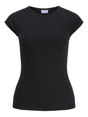 Črna oprijeta majica s kratkimi rokavi, okrogel izrez in vijolična etiketa blagovne znamke znotraj ovratnika.